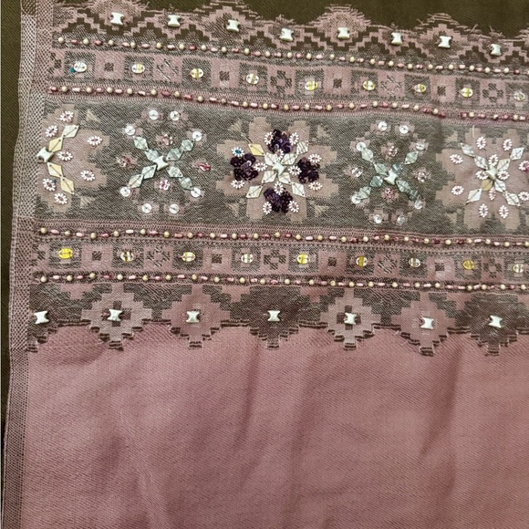 J Jill Brown & Mauve Purple Women's Embellished 100% Wool Fringe Scarf Pashmina - Picture 3 of 4